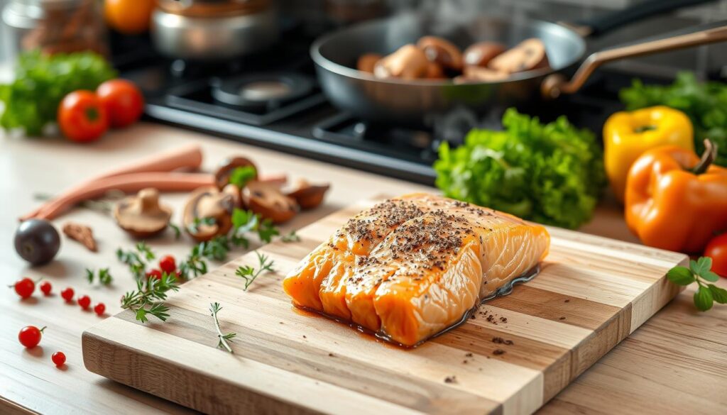 Cooking salmon and sautéing mushrooms