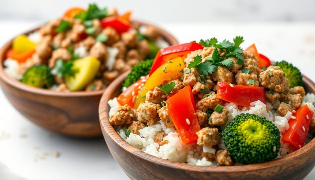 turkey and vegetable rice bowls