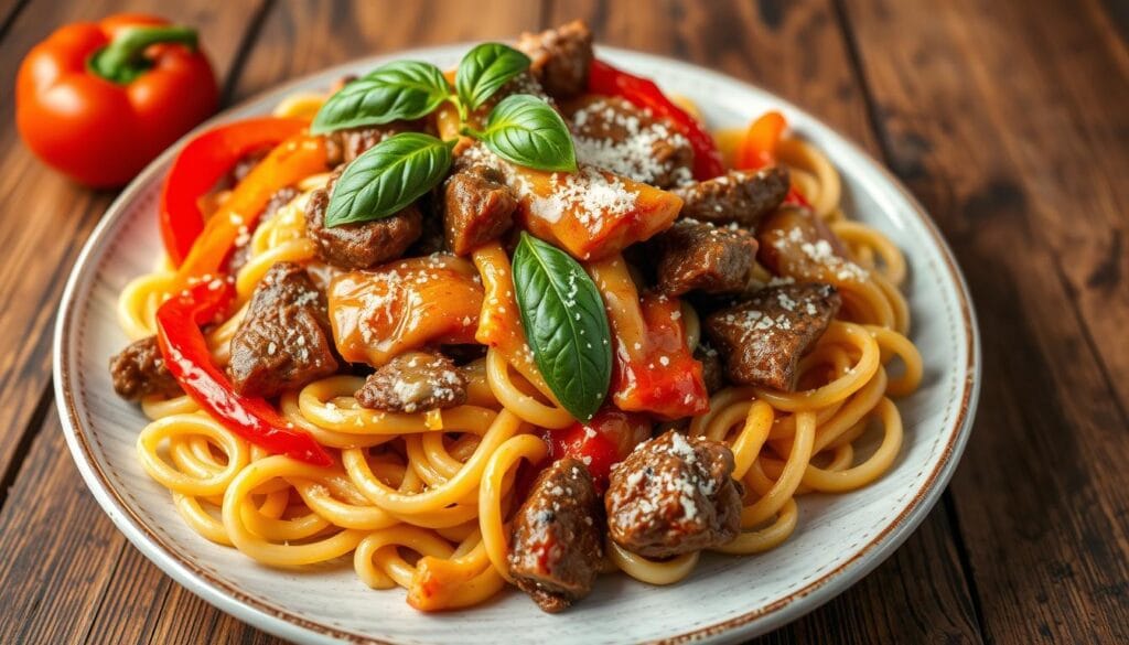 Beef strips with pasta