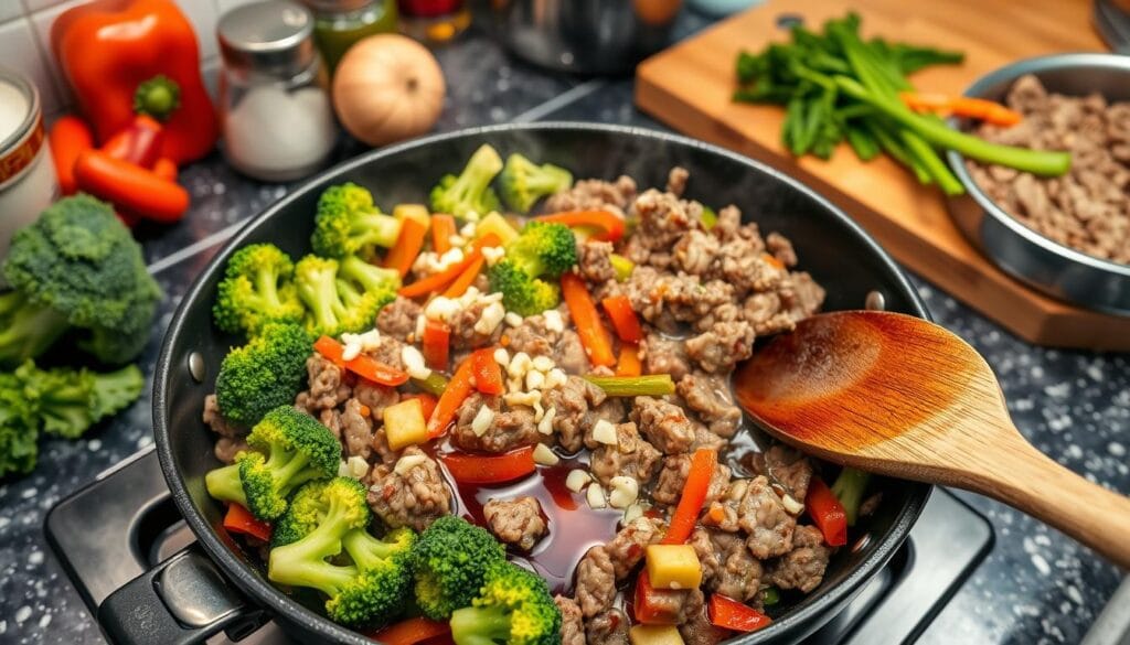 Ground Beef and Broccoli Stir Fry Cooking Process